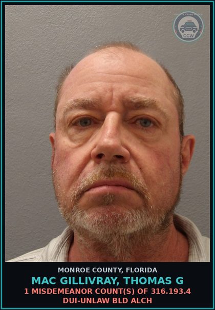 CCW arrest card for MAC GILLIVRAY, THOMAS G in Monroe County: 1 Misdemeanor Count(s) of 316.193.4 DUI-UNLAW BLD ALCH