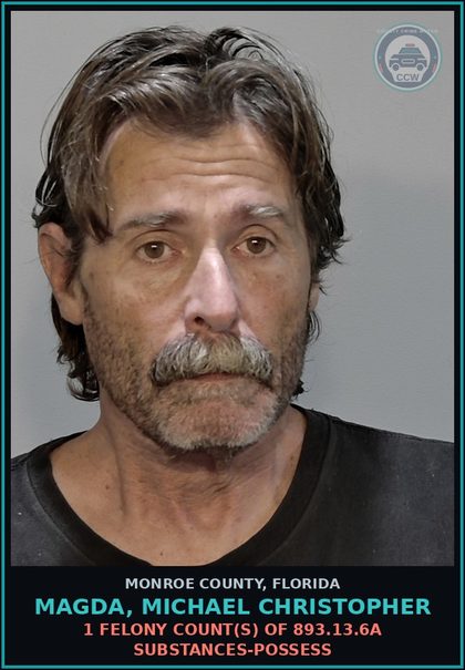 CCW arrest card for MAGDA, MICHAEL CHRISTOPHER in Monroe County: 1 Felony Count(s) of 893.13.6a DRUGS-POSSESS