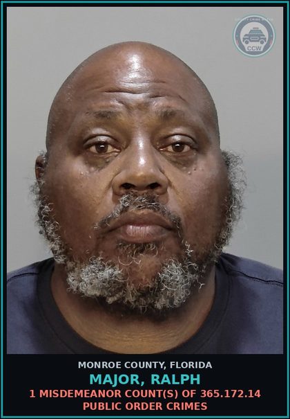 CCW arrest card for MAJOR, RALPH in Monroe County: 1 Misdemeanor Count(s) of 365.172.14 PUBLIC ORDER CRIMES