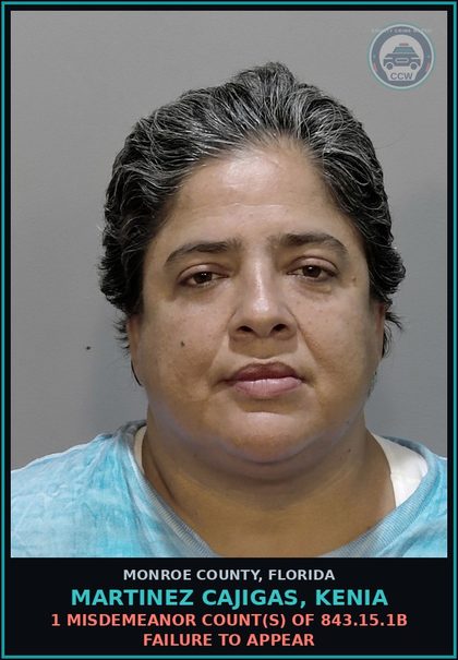 CCW arrest card for MARTINEZ CAJIGAS, KENIA in Monroe County: 1 Misdemeanor Count(s) of 843.15.1b FAILURE TO APPEAR