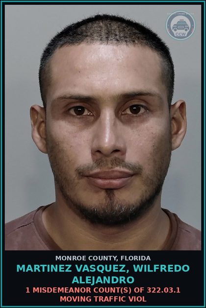 CCW arrest card for MARTINEZ VASQUEZ, WILFREDO ALEJANDRO in Monroe County: 1 Misdemeanor Count(s) of 322.03.1 MOVING TRAFFIC VIOL