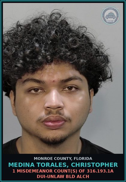 CCW arrest card for MEDINA TORALES, CHRISTOPHER in Monroe County: 1 Misdemeanor Count(s) of 316.193.1a DUI-UNLAW BLD ALCH