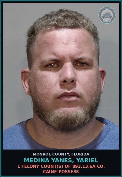 CCW arrest card for MEDINA YANES, YARIEL in Monroe County: 1 Felony Count(s) of 893.13.6a COCAINE-POSSESS