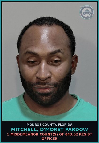 CCW arrest card for MITCHELL, D'MORET PARDOW in Monroe County: 1 Misdemeanor Count(s) of 843.02 RESIST OFFICER