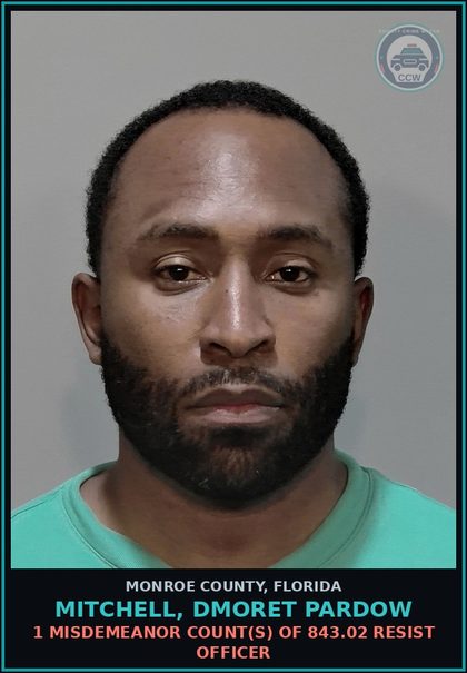 CCW arrest card for MITCHELL, DMORET PARDOW in Monroe County: 1 Misdemeanor Count(s) of 843.02 RESIST OFFICER