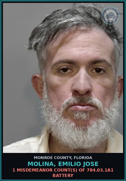 CCW arrest card for MOLINA, EMILIO JOSE in Monroe County: 1 Misdemeanor Count(s) of 784.03.1a1 BATTERY
