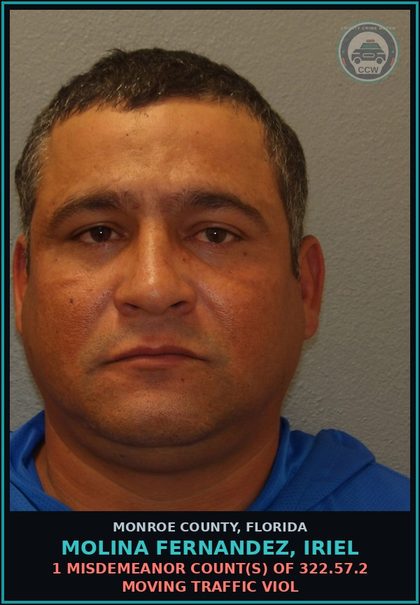 CCW arrest card for MOLINA FERNANDEZ, IRIEL in Monroe County: 1 Misdemeanor Count(s) of 322.57.2 MOVING TRAFFIC VIOL