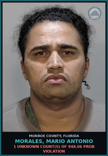 CCW arrest card for MORALES, MARIO ANTONIO in Monroe County: 1 Unknown Count(s) of 948.06 PROB VIOLATION