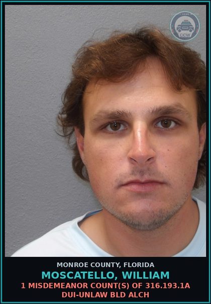CCW arrest card for MOSCATELLO, WILLIAM in Monroe County: 1 Misdemeanor Count(s) of 316.193.1a DUI-UNLAW BLD ALCH