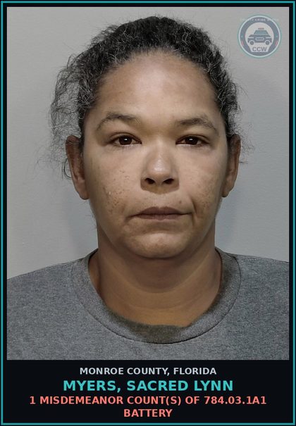 CCW arrest card for MYERS, SACRED LYNN in Monroe County: 1 Misdemeanor Count(s) of 784.03.1a1 BATTERY