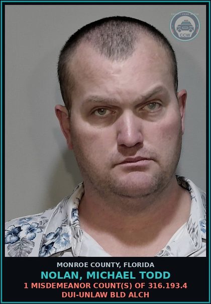 CCW arrest card for NOLAN, MICHAEL TODD in Monroe County: 1 Misdemeanor Count(s) of 316.193.4 DUI-UNLAW BLD ALCH