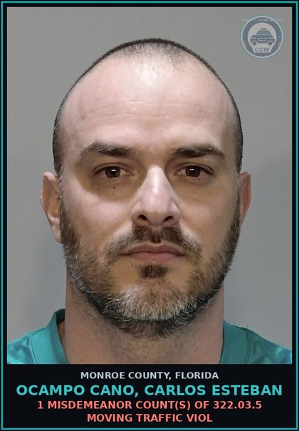 CCW arrest card for OCAMPO CANO, CARLOS ESTEBAN in Monroe County: 1 Misdemeanor Count(s) of 322.03.5 MOVING TRAFFIC VIOL