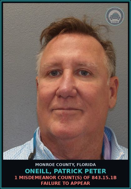 CCW arrest card for ONEILL, PATRICK PETER in Monroe County: 1 Misdemeanor Count(s) of 843.15.1b FAILURE TO APPEAR