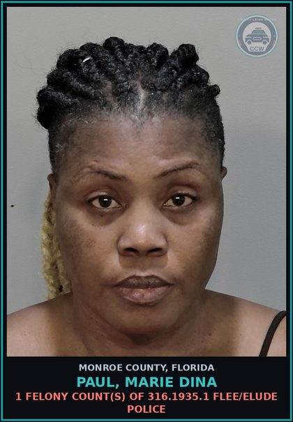 CCW arrest card for PAUL, MARIE DINA in Monroe County: 1 Felony Count(s) of 316.1935.1 FLEE/ELUDE POLICE