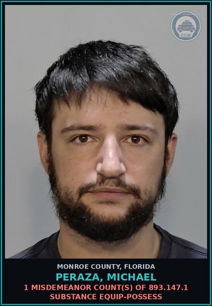 CCW arrest card for PERAZA, MICHAEL in Monroe County: 1 Misdemeanor Count(s) of 893.147.1 DRUG EQUIP-POSSESS