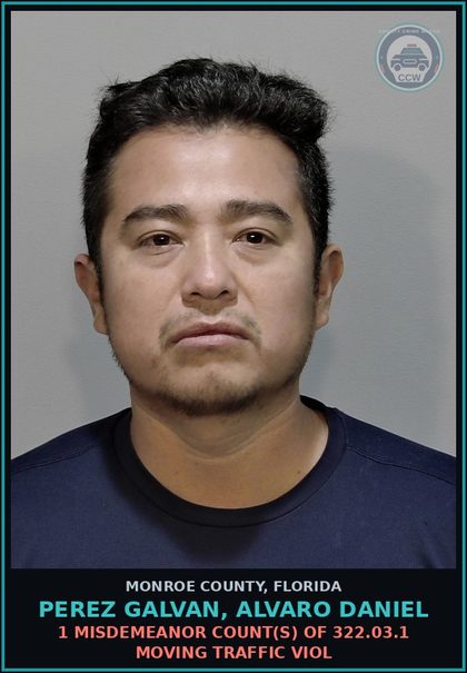 CCW arrest card for PEREZ GALVAN, ALVARO DANIEL in Monroe County: 1 Misdemeanor Count(s) of 322.03.1 MOVING TRAFFIC VIOL