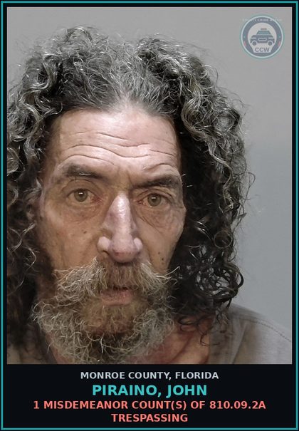 CCW arrest card for PIRAINO, JOHN in Monroe County: 1 Misdemeanor Count(s) of 810.09.2a TRESPASSING