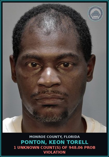CCW arrest card for PONTON, KEON TORELL in Monroe County: 1 Unknown Count(s) of 948.06 PROB VIOLATION
