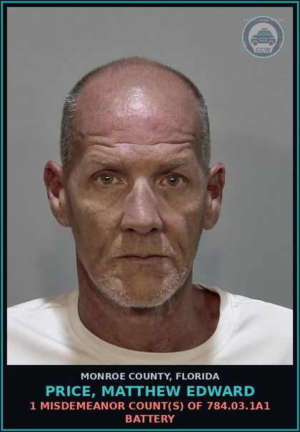 CCW arrest card for PRICE, MATTHEW EDWARD in Monroe County: 1 Misdemeanor Count(s) of 784.03.1a1 BATTERY