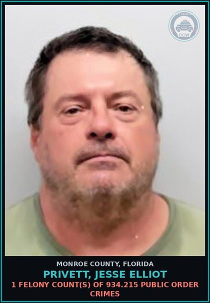CCW arrest card for PRIVETT, JESSE ELLIOT in Monroe County: 1 Felony Count(s) of 934.215 PUBLIC ORDER CRIMES