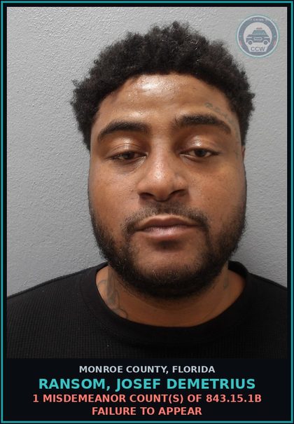 CCW arrest card for RANSOM, JOSEF DEMETRIUS in Monroe County: 1 Misdemeanor Count(s) of 843.15.1b FAILURE TO APPEAR
