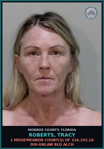 CCW arrest card for ROBERTS, TRACY in Monroe County: 1 Misdemeanor Count(s) of 316.193.1a DUI-UNLAW BLD ALCH
