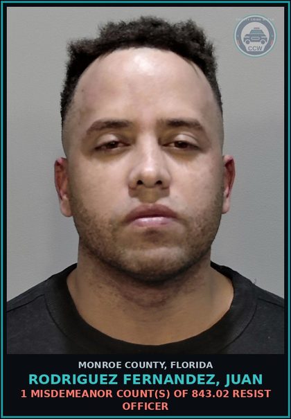 CCW arrest card for RODRIGUEZ FERNANDEZ, JUAN in Monroe County: 1 Misdemeanor Count(s) of 843.02 RESIST OFFICER