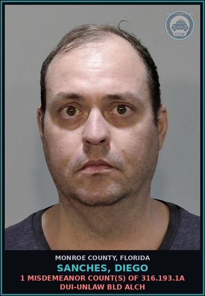 CCW arrest card for SANCHES, DIEGO in Monroe County: 1 Misdemeanor Count(s) of 316.193.1a DUI-UNLAW BLD ALCH