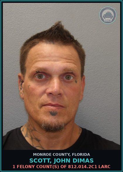CCW arrest card for SCOTT, JOHN DIMAS in Monroe County: 1 Misdemeanor Count(s) of 322.34.10b1 MOVING TRAFFIC VIOL