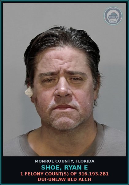 CCW arrest card for SHOE, RYAN E in Monroe County: 1 Felony Count(s) of 316.193.2b1 DUI-UNLAW BLD ALCH