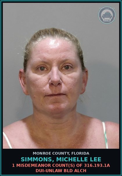CCW arrest card for SIMMONS, MICHELLE LEE in Monroe County: 1 Misdemeanor Count(s) of 316.193.1a DUI-UNLAW BLD ALCH