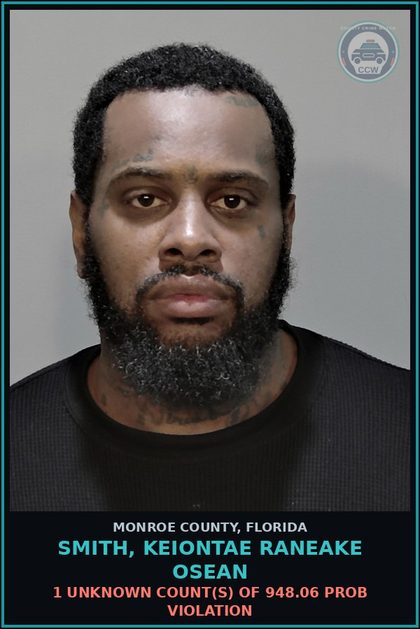 CCW arrest card for SMITH, KEIONTAE RANEAKE OSEAN in Monroe County: 1 Unknown Count(s) of 948.06 PROB VIOLATION