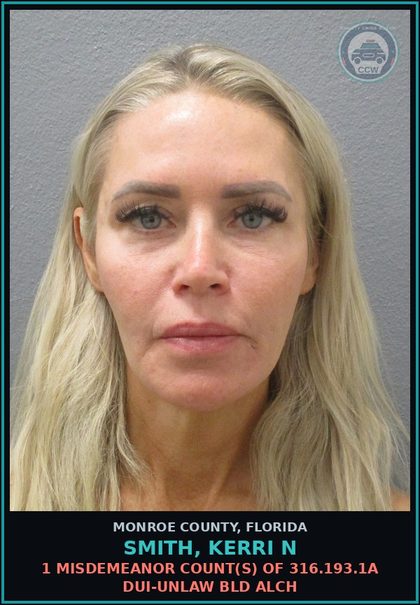 CCW arrest card for SMITH, KERRI N in Monroe County: 1 Misdemeanor Count(s) of 316.193.1a DUI-UNLAW BLD ALCH