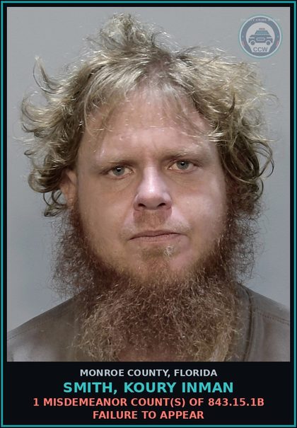 CCW arrest card for SMITH, KOURY INMAN in Monroe County: 1 Misdemeanor Count(s) of 843.15.1b FAILURE TO APPEAR