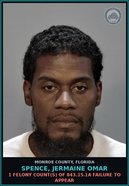 CCW arrest card for SPENCE, JERMAINE OMAR in Monroe County: 1 Felony Count(s) of 843.15.1a FAILURE TO APPEAR