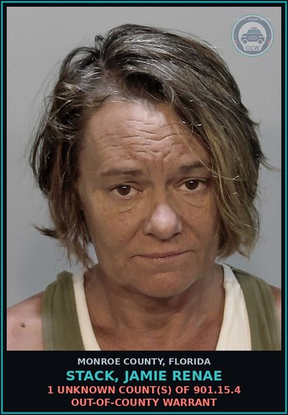 CCW arrest card for STACK, JAMIE RENAE in Monroe County: 1 Unknown Count(s) of 901.15.4 OUT-OF-COUNTY WARRANT