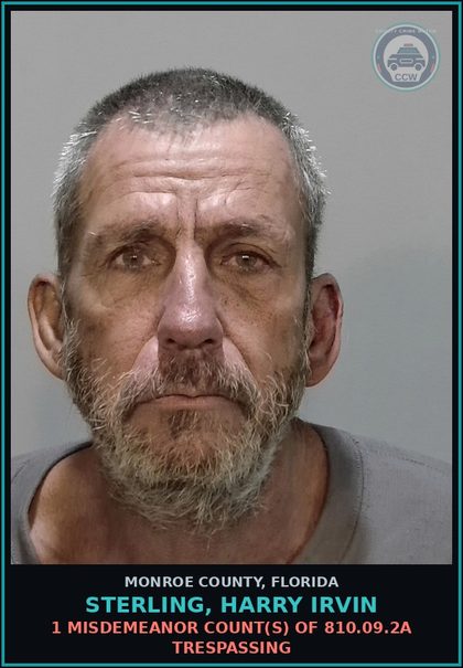 CCW arrest card for STERLING, HARRY IRVIN in Monroe County: 1 Misdemeanor Count(s) of 810.09.2a TRESPASSING