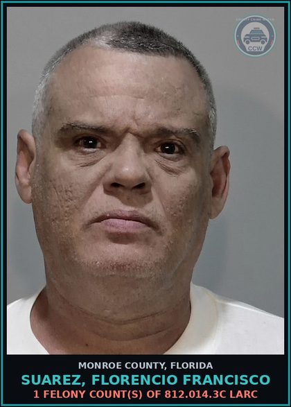 CCW arrest card for SUAREZ, FLORENCIO FRANCISCO in Monroe County: 1 Felony Count(s) of 812.014.3c LARC