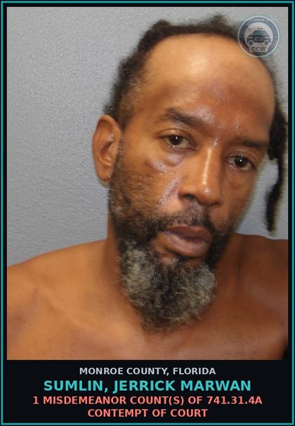 CCW arrest card for SUMLIN, JERRICK MARWAN in Monroe County: 1 Misdemeanor Count(s) of 741.31.4a CONTEMPT OF COURT