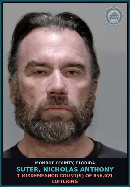 CCW arrest card for SUTER, NICHOLAS ANTHONY in Monroe County: 1 Misdemeanor Count(s) of 856.021 LOITERING