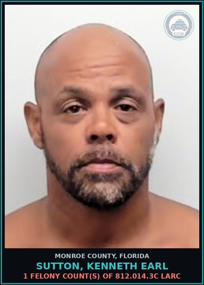 CCW arrest card for SUTTON, KENNETH EARL in Monroe County: 1 Felony Count(s) of 812.014.3c LARC