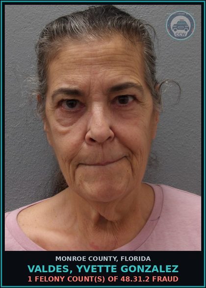 CCW arrest card for VALDES, YVETTE GONZALEZ in Monroe County: 1 Felony Count(s) of 48.31.2 FRAUD