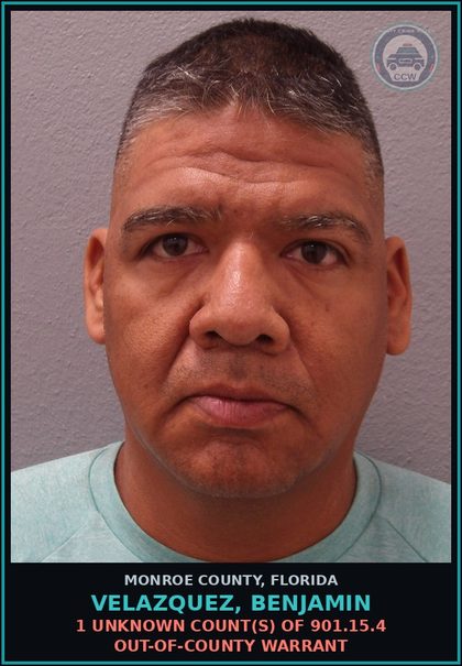 CCW arrest card for VELAZQUEZ, BENJAMIN in Monroe County: 1 Unknown Count(s) of 901.15.4 OUT-OF-COUNTY WARRANT