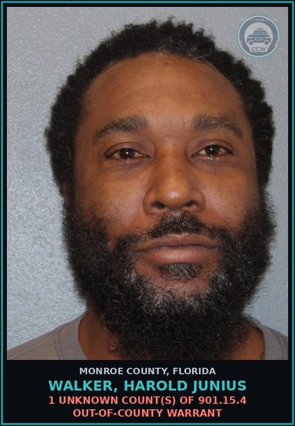 CCW arrest card for WALKER, HAROLD JUNIUS in Monroe County: 1 Unknown Count(s) of 901.15.4 OUT-OF-COUNTY WARRANT