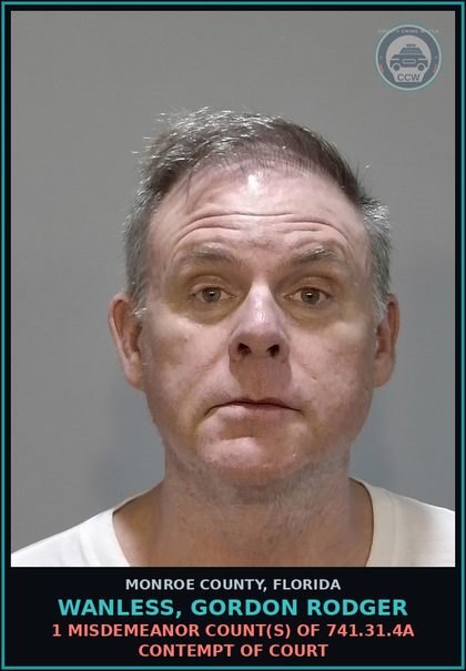 CCW arrest card for WANLESS, GORDON RODGER in Monroe County: 1 Misdemeanor Count(s) of 741.31.4a CONTEMPT OF COURT