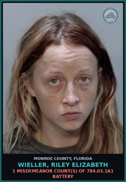 CCW arrest card for WIELLER, RILEY ELIZABETH in Monroe County: 1 Misdemeanor Count(s) of 784.03.1a1 BATTERY