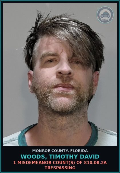 CCW arrest card for WOODS, TIMOTHY DAVID in Monroe County: 1 Misdemeanor Count(s) of 810.08.2a TRESPASSING