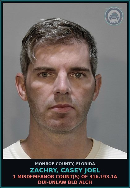 CCW arrest card for ZACHRY, CASEY JOEL in Monroe County: 1 Misdemeanor Count(s) of 316.193.1a DUI-UNLAW BLD ALCH
