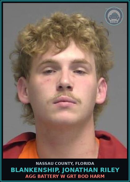 CCW arrest card for BLANKENSHIP, JONATHAN RILEY in Nassau County: AGG BATTERY W GRT BOD HARM