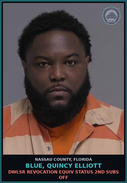 CCW arrest card for BLUE, QUINCY ELLIOTT in Nassau County: DWLSR REVOCATION EQUIV STATUS 2ND SUBS OFF